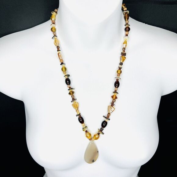 Vintage Art Glass Shell Quartz Wood Teardrop Pendant Necklace Amber Yellow 1393 - Picture 1 of 12